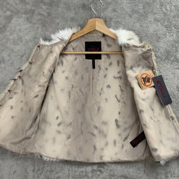 YOKI Outerwear Vest Womens Small Beige Vegan Feathery Faux Fur Animal Print Y2K - Picture 6 of 10